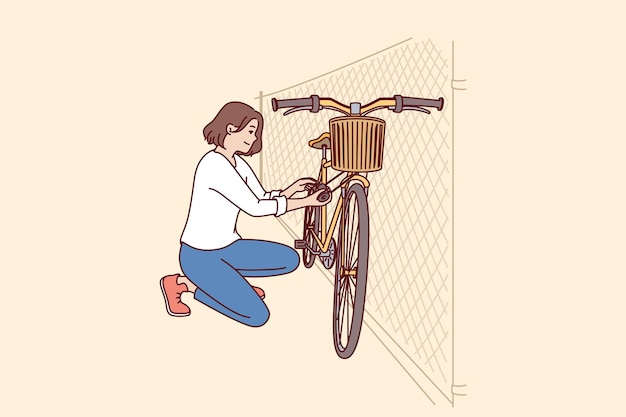 Mujer estaciona la bicicleta cerca de la valla después de regresar del trabajo en transporte ecológico