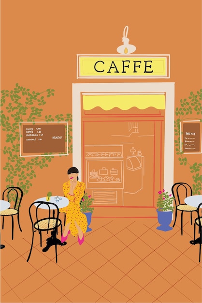 Mujer con estilo en el café en la ilustración de vector de calle