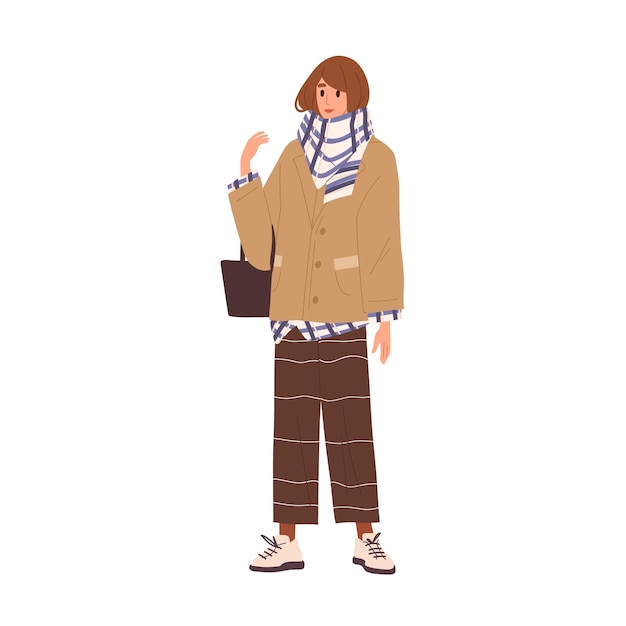 Mujer con estilo envuelta en una cálida bufanda de pie con una ilustración plana vectorial de bolso. Chica de moda demuestra estilo de ropa de invierno aislado en blanco. La mujer de moda con chaqueta usa ropa elegante.
