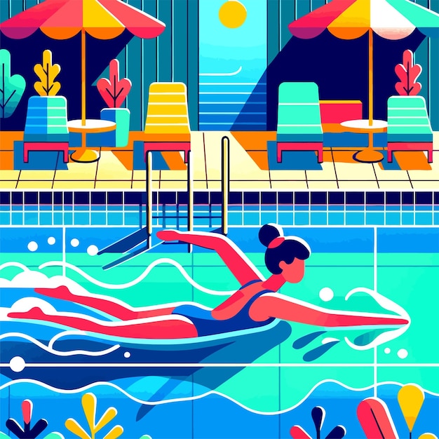 Vector mujer de estilo libre deportivo nadando en la piscina en una ilustración de diseño plano