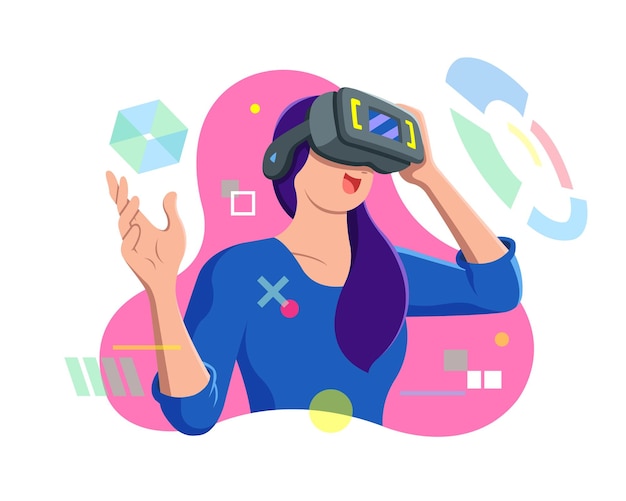 Mujer de estilo plano con gafas de realidad virtual ilustración de dibujos animados