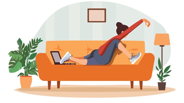 Una mujer se estira en el sofá después de trabajar en la computadora