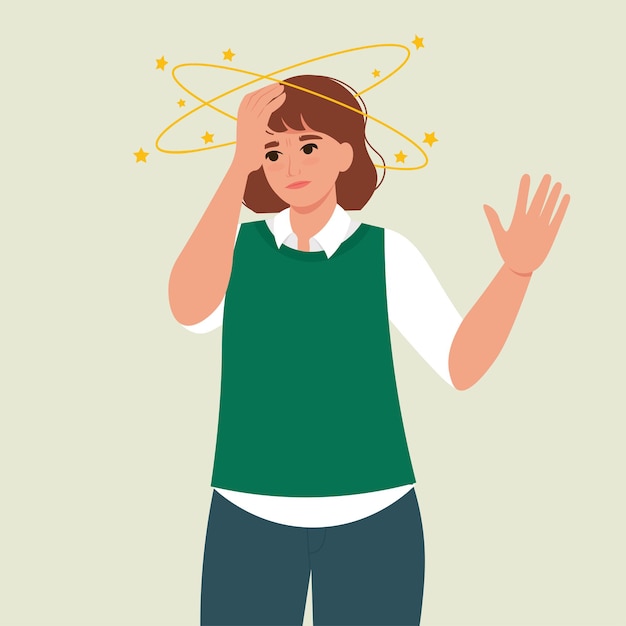 Vector mujer con estrellas amarillas orbitando alrededor de su cabeza sintiéndose mareada vectorillustration