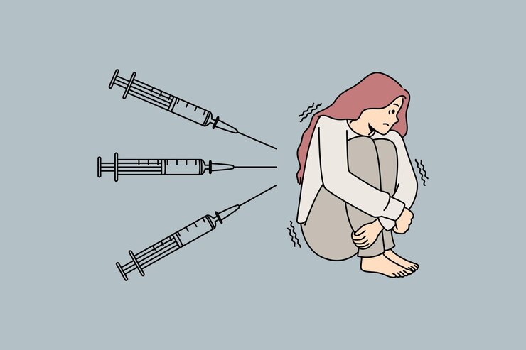 Vector mujer estresada asustada de las inyecciones