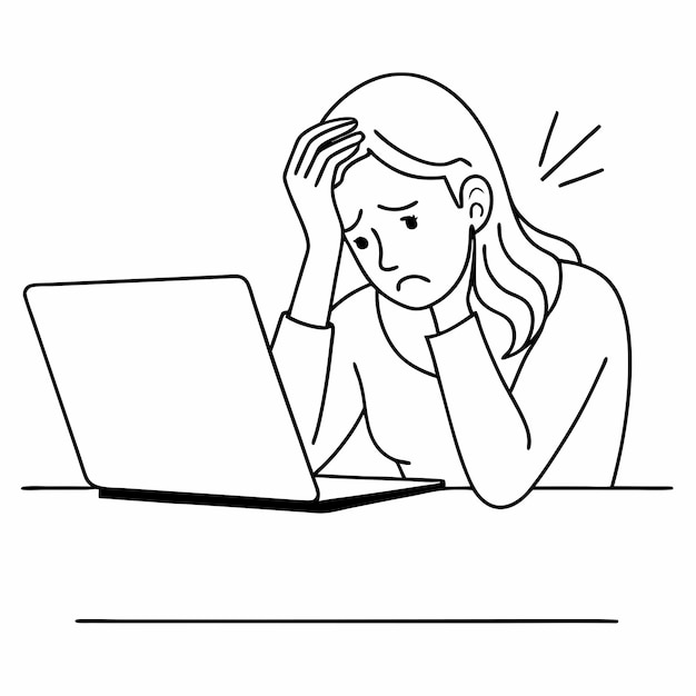 una mujer estresada y frustrada usando una computadora portátil la ilustración vectorial de arte de línea