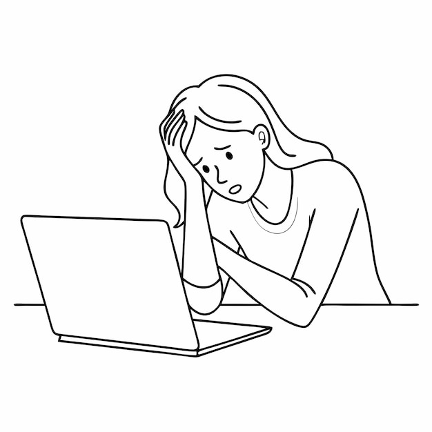 una mujer estresada y frustrada usando una computadora portátil la ilustración vectorial de arte de línea