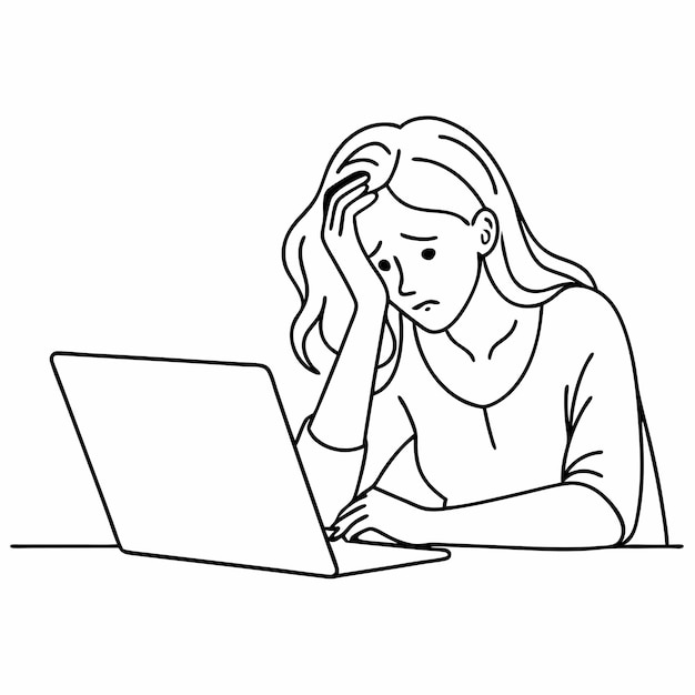 una mujer estresada y frustrada usando una computadora portátil la ilustración vectorial de arte de línea