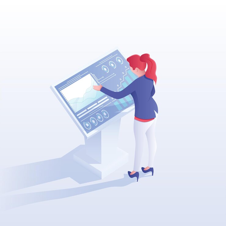 Vector mujer estudiando datos ilustración isométrica analista financiero analizando estadísticas del mercado de valores personaje de dibujos animados empresaria trabajando con desarrollo de estrategia de inversión de pantalla interactiva