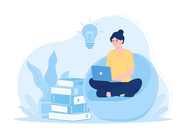 Mujer estudiando libro de aprendizaje usando computadora portátil tendencia concepto ilustración plana