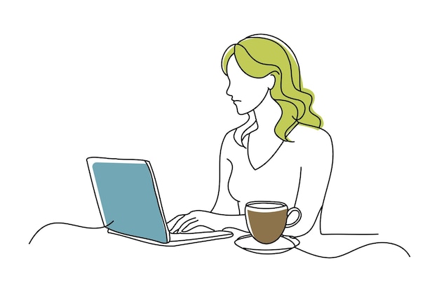mujer estudiando usando una computadora en una cafetería dibujando una ilustración vectorial de arte de línea continua