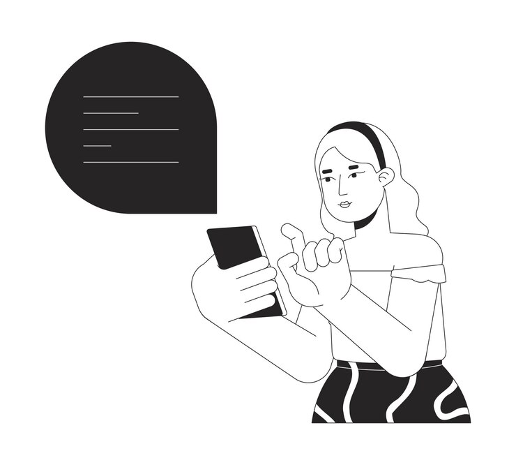 Vector mujer europea curva hablando en chat en blanco y negro 2d línea personaje de dibujos animados