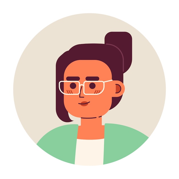 Vector mujer europea con gafas cabeza de personaje vectorial semi plana brunette con peinado de pan editable icono de avatar de dibujos animados emoción facial ilustración de puntos coloridos para animación de diseño gráfico web