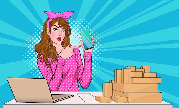 Mujer de éxito con smartphone vendiendo productos en línea en estilo cómic Pop Art