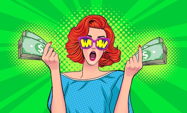 Mujer de éxito sorprendió a WOW con gafas de sol y mostró mucho dinero en las manos en Pop Art Comic Style