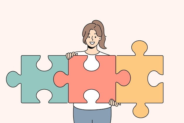 Mujer exitosa desentrañando rompecabezas y resolviendo tareas complejas mientras desarrolla su propia startup