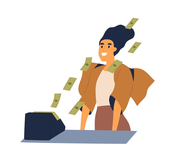 Vector mujer exitosa con flujo de efectivo de la ilustración plana vectorial de la máquina calculadora. las mujeres ricas disfrutan de ganancias comerciales o ganancias de lotería aisladas. chica sonriente rodeada de billetes voladores.