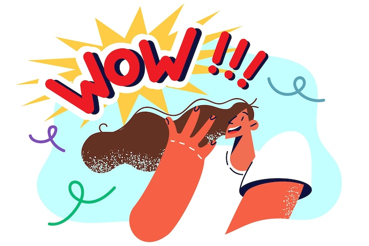 Vector la mujer experimenta emociones wow y con cara de admiración levanta la mano después de recibir el regalo tan esperado