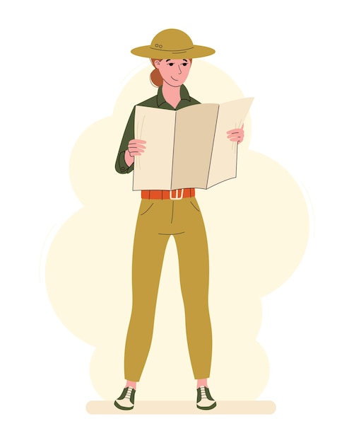 Mujer exploradora o viajera de safari de pie en un sombrero de ala ancha Una niña estudiando un mapa Vector aislado ilustración plana