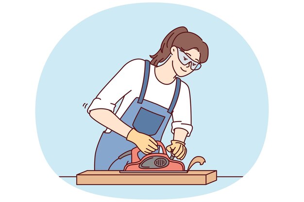 Una mujer fabricante de muebles utiliza un juntador para procesar las tablas de madera necesarias para crear una imagen vectorial de muebles