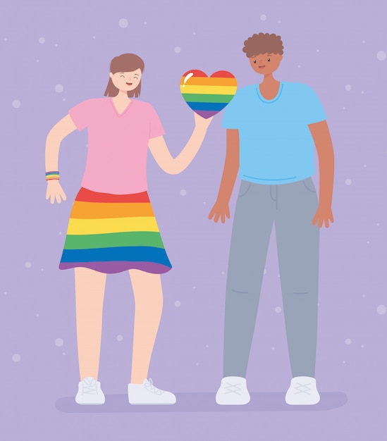 Mujer con falda arcoiris de colores y corazón y joven junto a ella