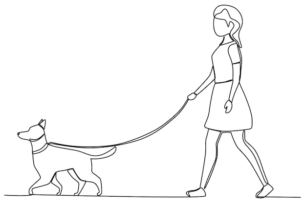 Una mujer con falda corta camina casualmente con su perro Caminando o jugando con un perro dibujando una línea