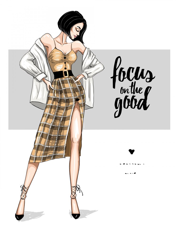 Vector mujer en falda a cuadros de moda