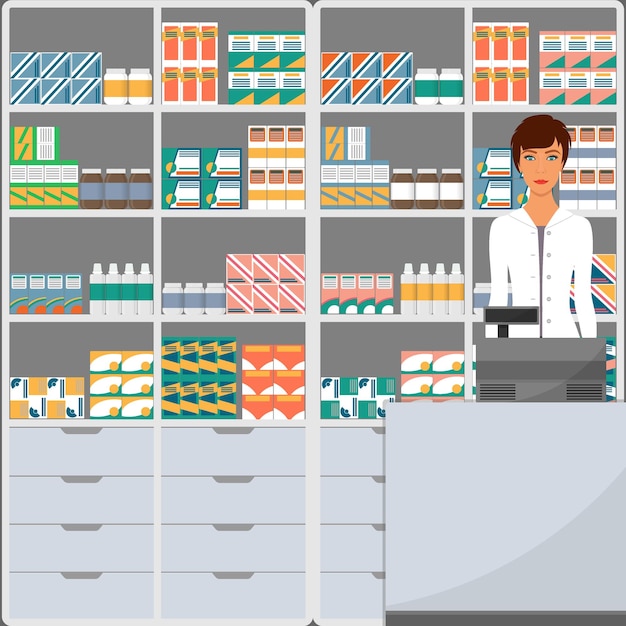 Mujer farmacéutica en una farmacia frente a los estantes con medicamentos ilustración vectorial en estilo plano