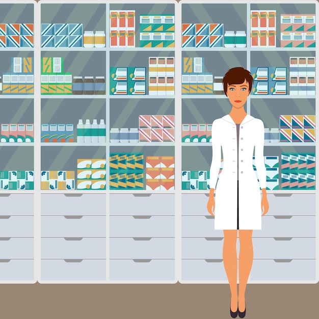 Mujer farmacéutica en una farmacia frente a los estantes con medicamentos Ilustración vectorial en estilo plano