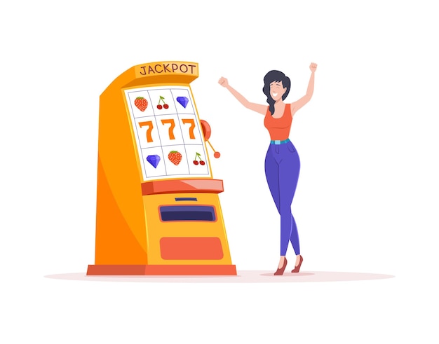Mujer feliz afortunada celebrando la victoria en la máquina tragamonedas del casino