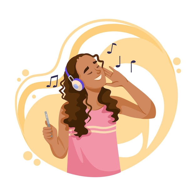 Vector una mujer feliz con auriculares disfrutando de la ilustración vectorial de la música en un fondo ligero abstracto con notas musicales ilustración vectoria