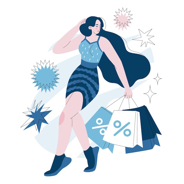 Mujer feliz bailando con las compras en sus manos Buen negocio Período de descuentos y ventas Ilustración vectorial aislada sobre fondo blanco
