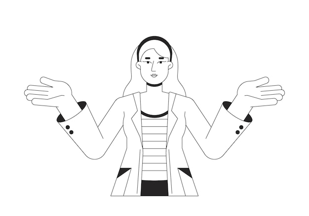 Mujer feliz en bata de laboratorio encogiéndose de hombros línea plana negro blanco vector personaje Científica contorno editable persona de cuerpo completo Dibujos animados simples ilustración de punto aislado para diseño gráfico web