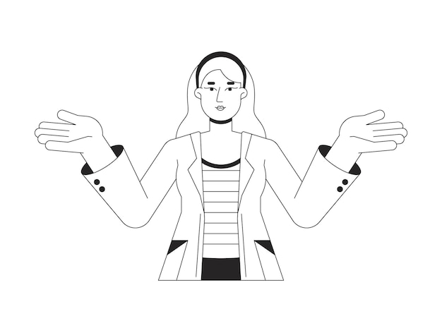 Mujer feliz en bata de laboratorio encogiéndose de hombros línea plana negro blanco vector personaje Científica contorno editable persona de cuerpo completo Dibujos animados simples ilustración de punto aislado para diseño gráfico web