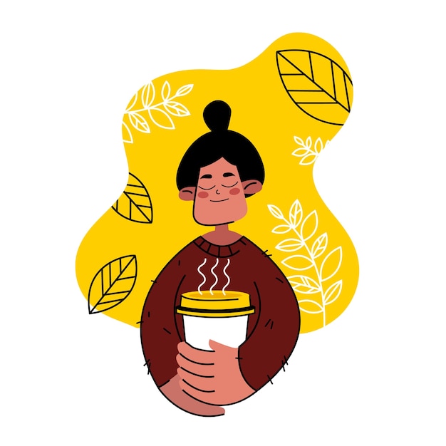 Vector la mujer feliz está bebiendo café o té. relajarse concepto. chica con una taza en sus manos