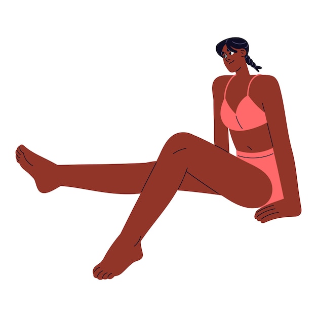 Vector mujer feliz en bikini relajándose en vacaciones de verano niña bronceada en traje de baño sentado descansando en vacaciones de verano ilustración vectorial plana aislada en fondo blanco
