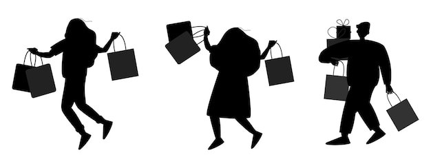Mujer feliz con bolsa de compras en el moderno Vector de siluetas