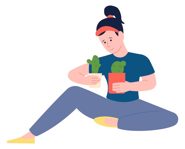 Mujer feliz con cactus en macetas de flores La vegetación del hogar