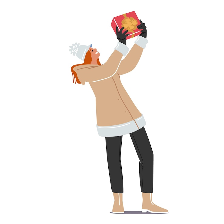Vector mujer feliz con caja de regalo envuelta con lazo festivo. chica preparar presente para familiares y amigos en vacaciones de invierno