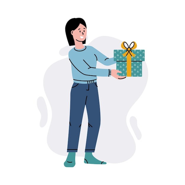 Vector mujer feliz con caja de regalo mujer divertida con caja de regalo con concepto de vector de fiesta de cumpleaños actual