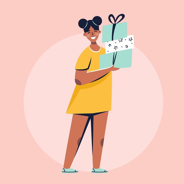Mujer feliz con cajas de regalos preparándose para las vacaciones Ilustración vectorial de dibujos animados