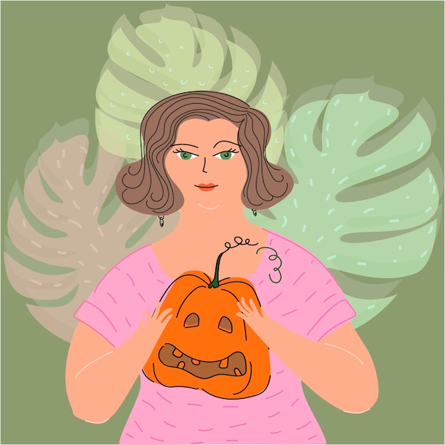 Vector mujer feliz con una calabaza en sus manos