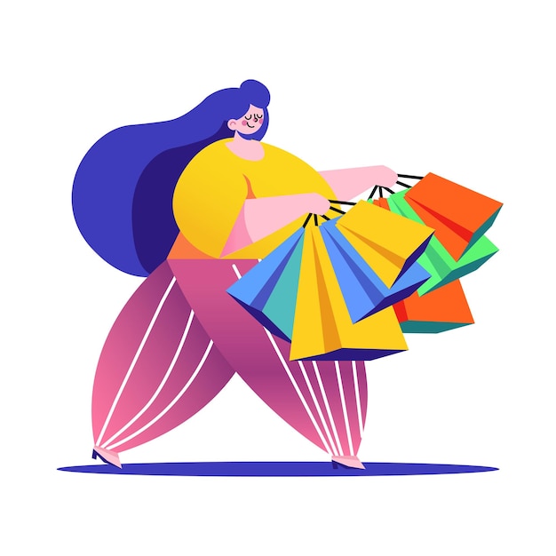 Vector mujer feliz camina con bolsas de compras aisladas en el diseño de personajes planos de dibujos animados blancos