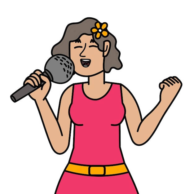 mujer feliz cantando karaoke con el micrófono en la mano