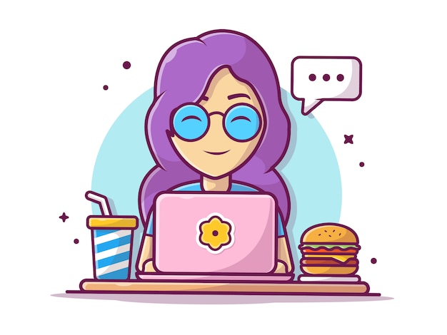Vector mujer feliz chateando y haciendo tareas con hamburguesas, papas fritas y refrescos, ilustración blanco aislado