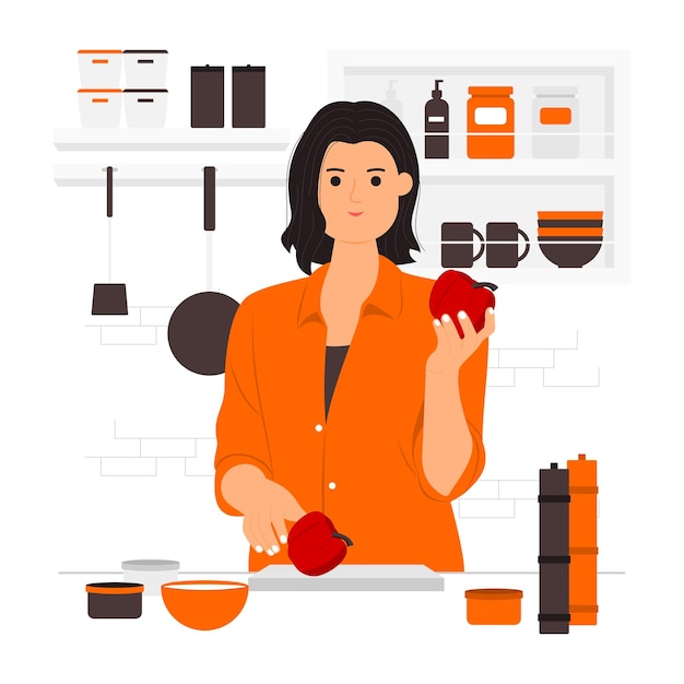 Vector mujer feliz cocinando comida para el desayuno ilustración