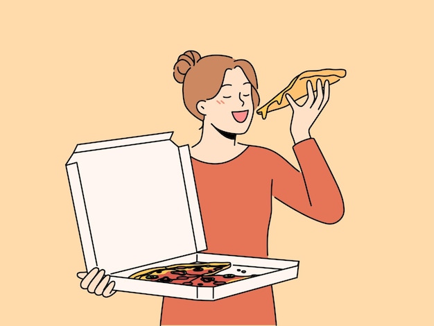 Mujer feliz comiendo pizza de caja