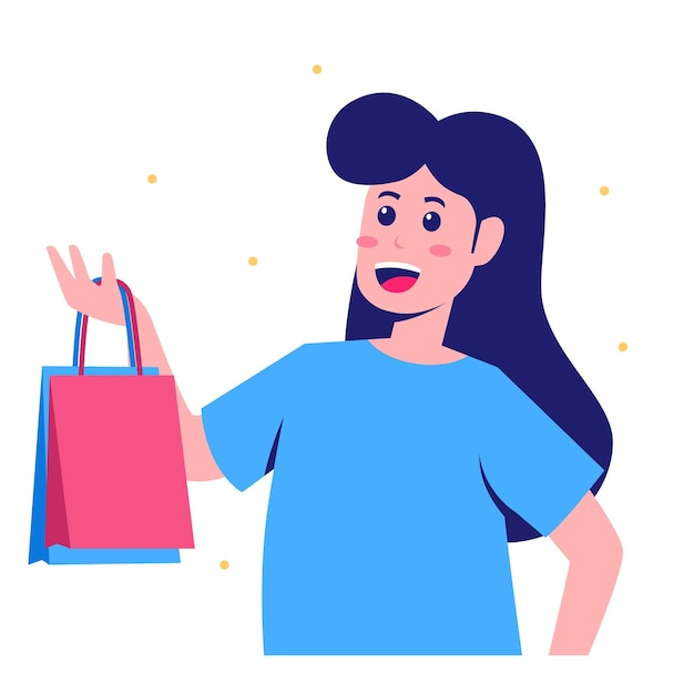 Mujer feliz compra compras con bolsa de compras alegría feliz por compras en línea