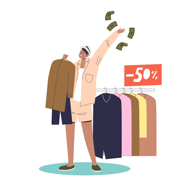 Mujer feliz comprando ropa nueva con venta del 50 por ciento