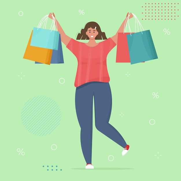 Mujer feliz, con, compras, bags., Ilustración, en, moderno, plano, caricatura, estilo
