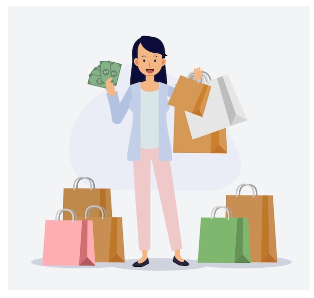 Vector la mujer está feliz con las compras, gasta mucho dinero. concepto de adicto a las compras. ilustración de personaje de dibujos animados 2d de vector plano.